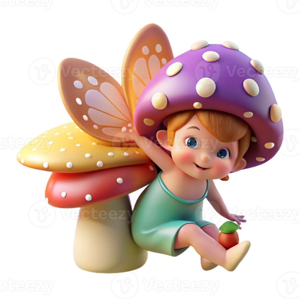 stunning abstract A mischievous pixie with butterfly wings, sprinkling iridescent dust over a sleeping mushroom, soft dappled sunlight, children's book illustration style premium png
