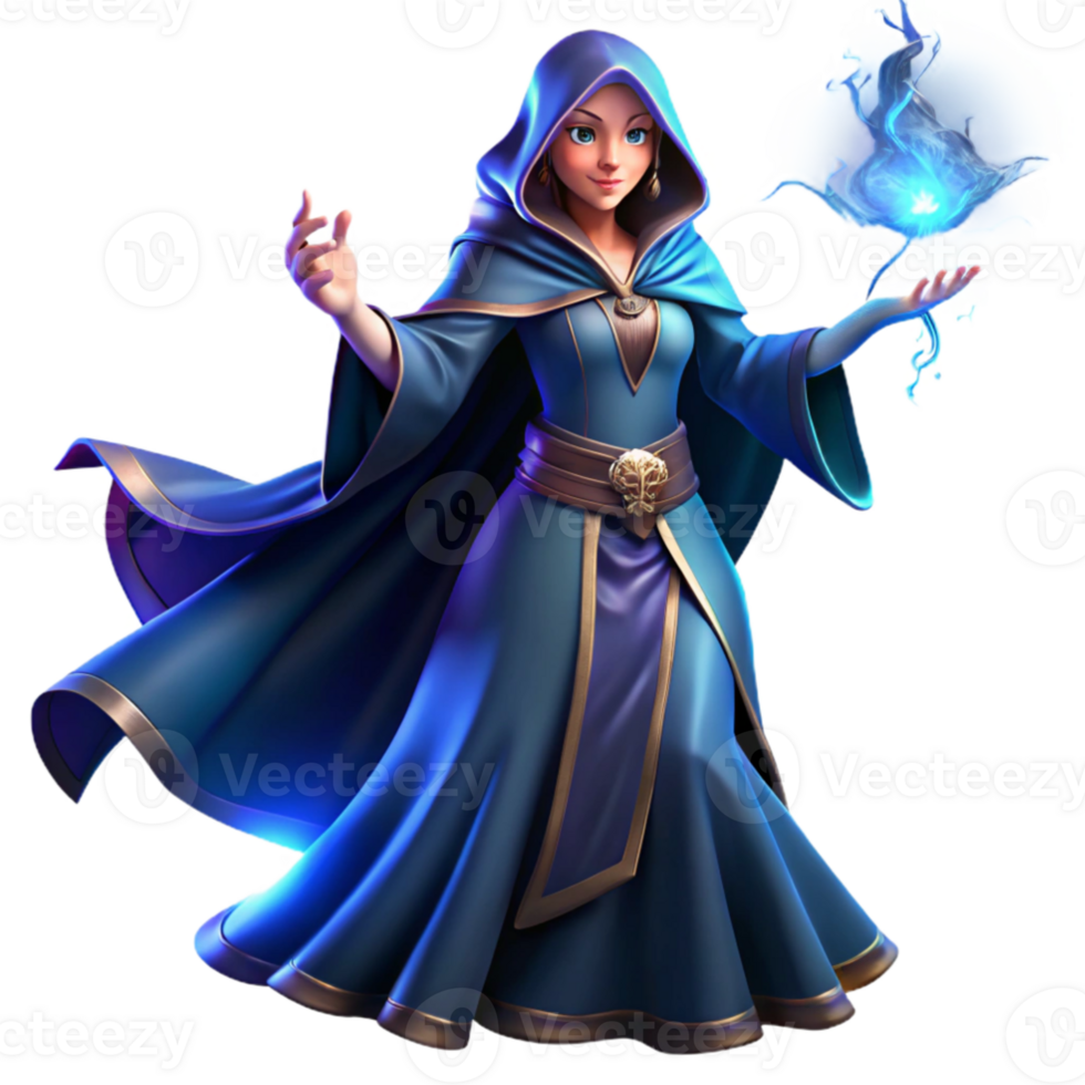 elegant minimalist A powerful sorceress with flowing robes of midnight blue, casting a spell of shimmering light, dramatic Rembrandt lighting, fantasy art style authentic png