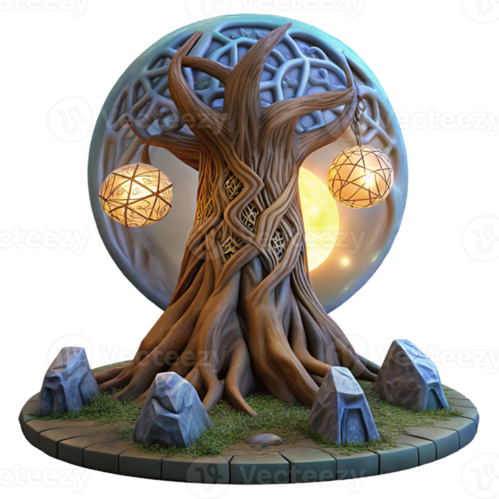 serene abstract A towering, ancient tree with glowing runes carved into its bark, bathed in the ethereal light of a full moon, pre Raphaelite style high quality png