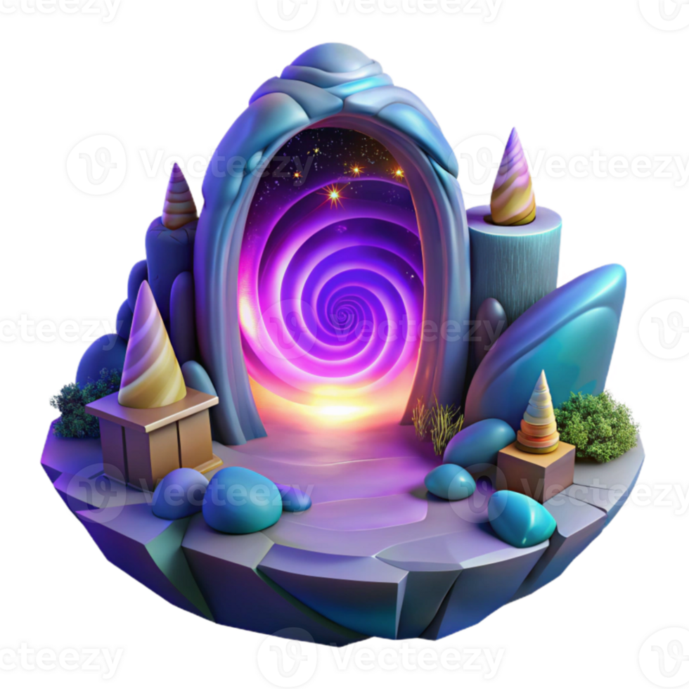 elegant creative A hidden portal swirling with cosmic energy, surrounded by floating islands, vibrant neon colors, psychedelic art style high quality png