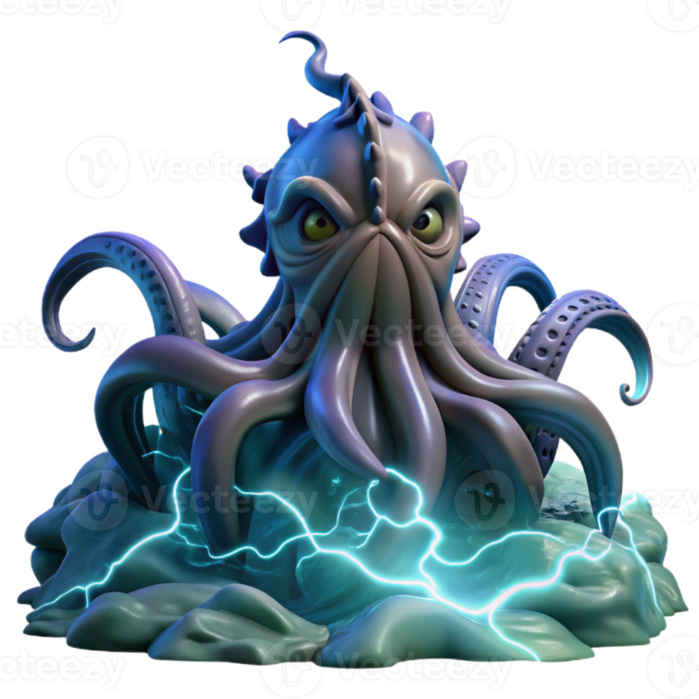 extraordinary vintage A colossal kraken emerging from a stormy sea, tentacles writhing, dramatic lightning illuminating the scene, Greg Rutkowski style high resolution png