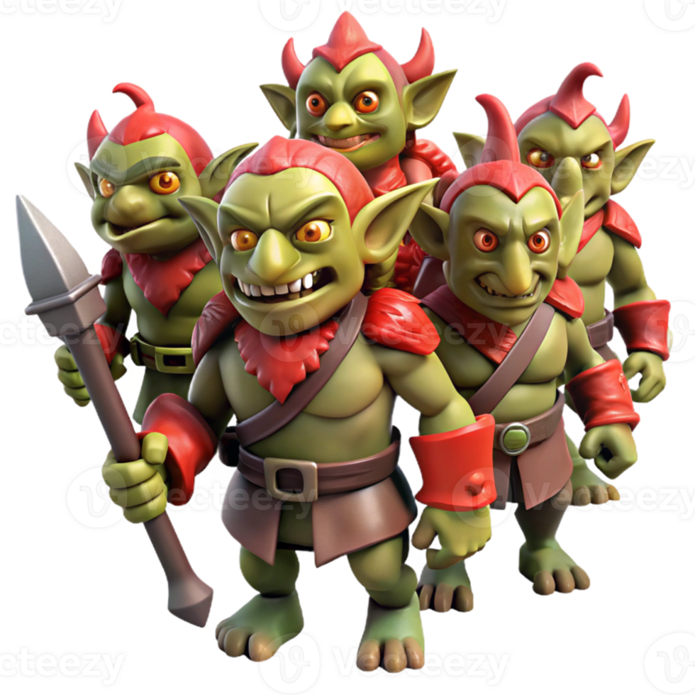 dramatic minimalist A band of goblin warriors marching through a fiery wasteland, carrying crude weapons, harsh red lighting, dark fantasy style high quality png