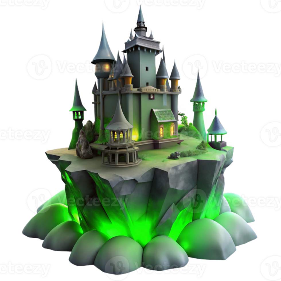 serene rustic A haunted castle perched on a jagged cliff, shrouded in mist, eerie green lighting, Gothic horror style genuine png