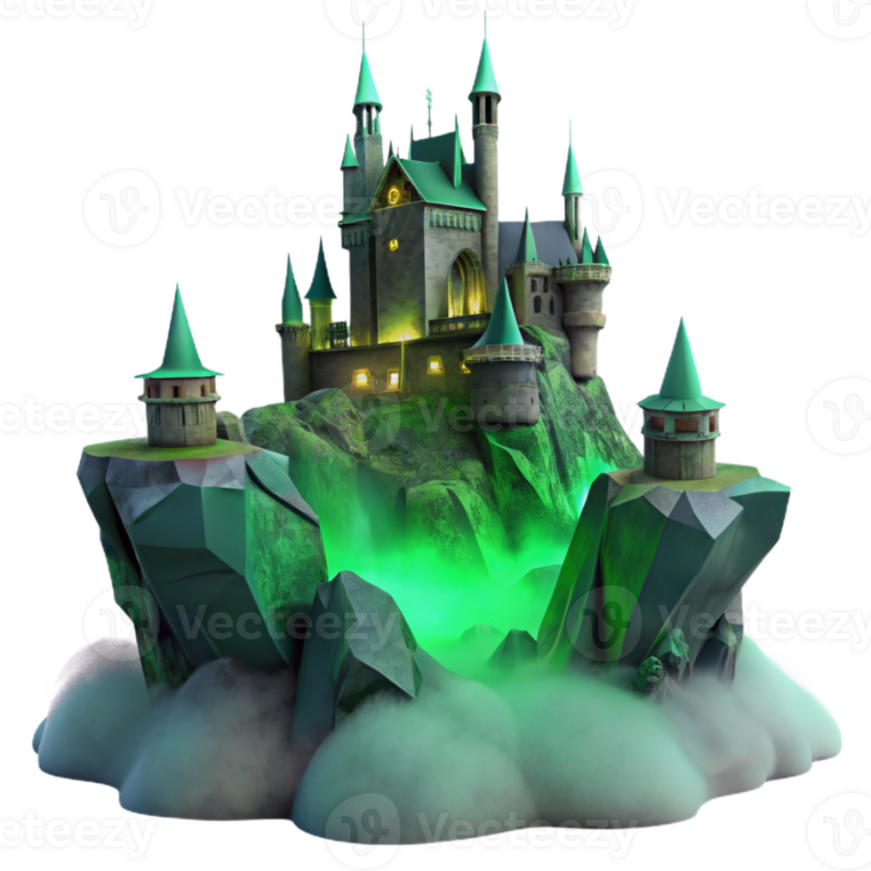 extraordinary creative A haunted castle perched on a jagged cliff, shrouded in mist, eerie green lighting, Gothic horror style authentic png