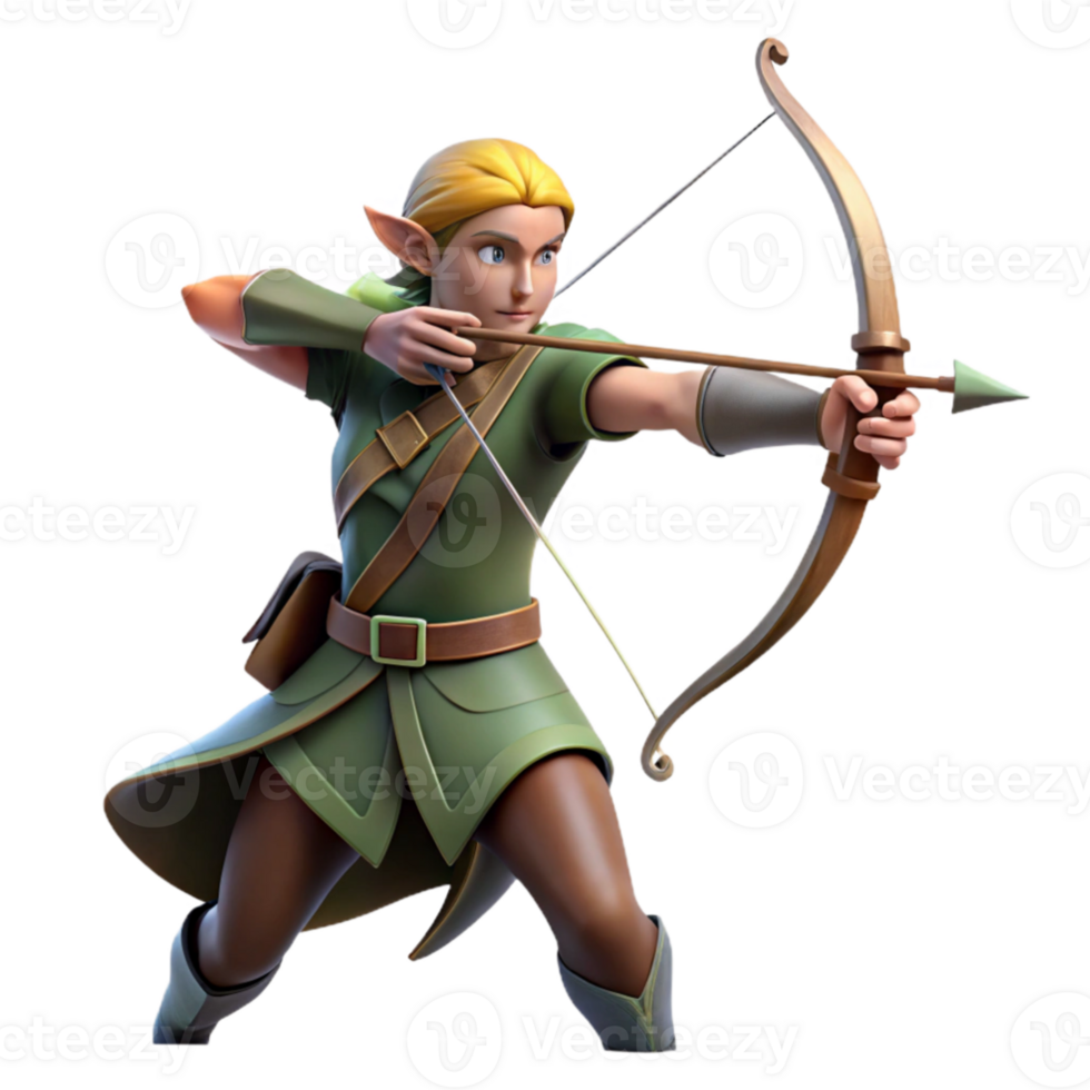 stunning classic A graceful elf archer aiming at a distant target, dappled sunlight filtering through the forest canopy, hyperrealistic style detailed png