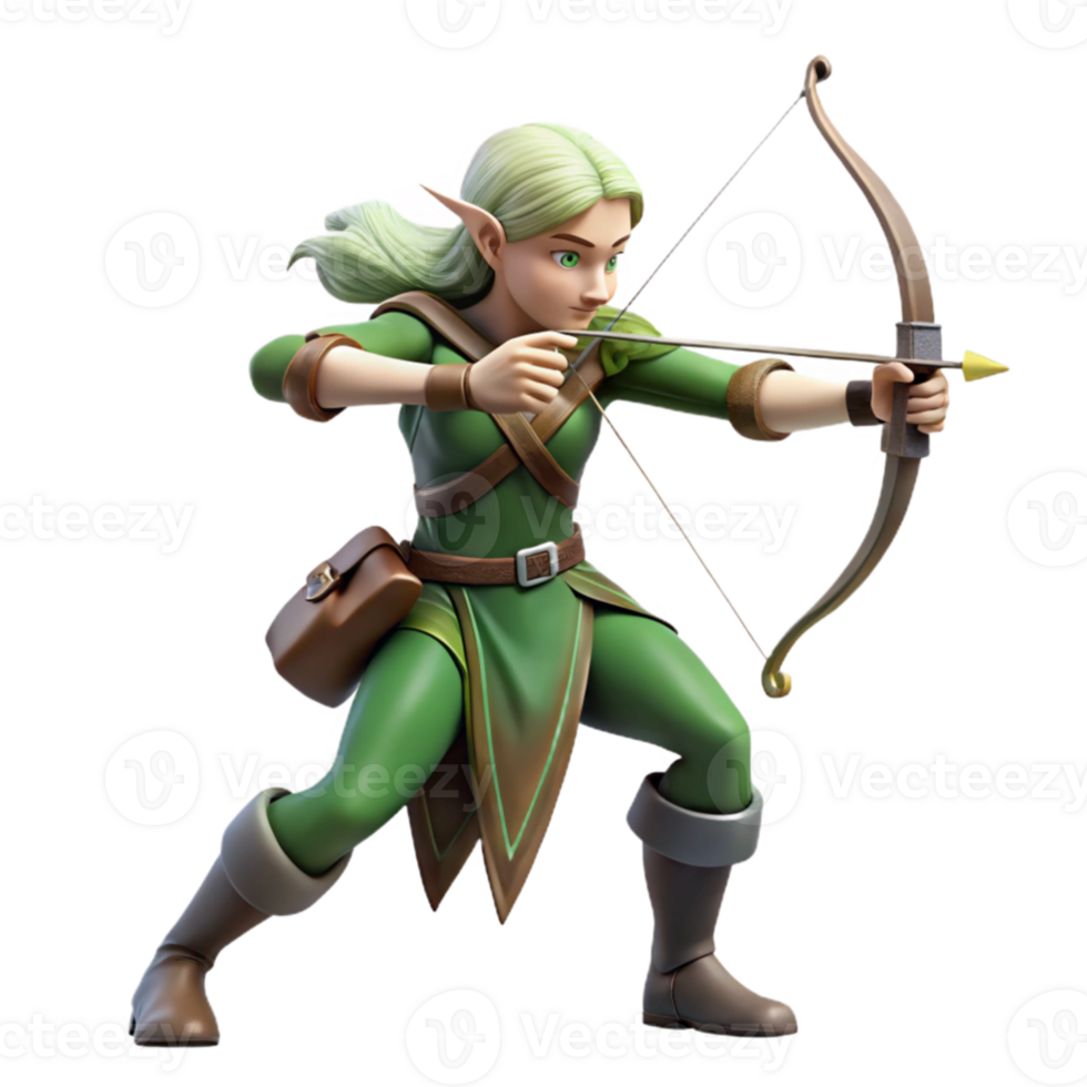 dramatic minimalist A graceful elf archer aiming at a distant target, dappled sunlight filtering through the forest canopy, hyperrealistic style high resolution png