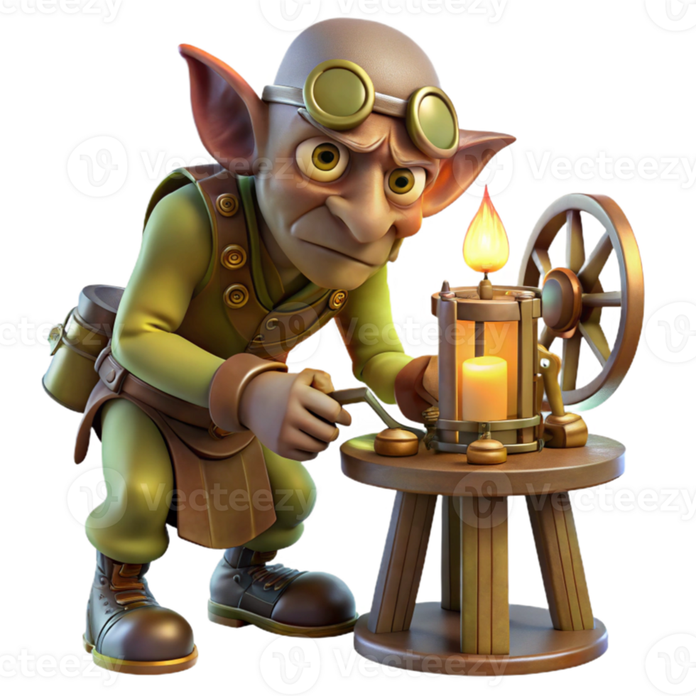 stunning traditional A cunning goblin tinkerer working on a bizarre contraption, dim, flickering candlelight, steampunk style high quality png