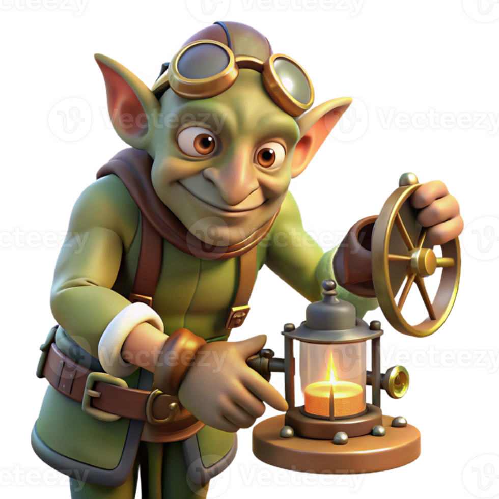 impressive artistic A cunning goblin tinkerer working on a bizarre contraption, dim, flickering candlelight, steampunk style professional png