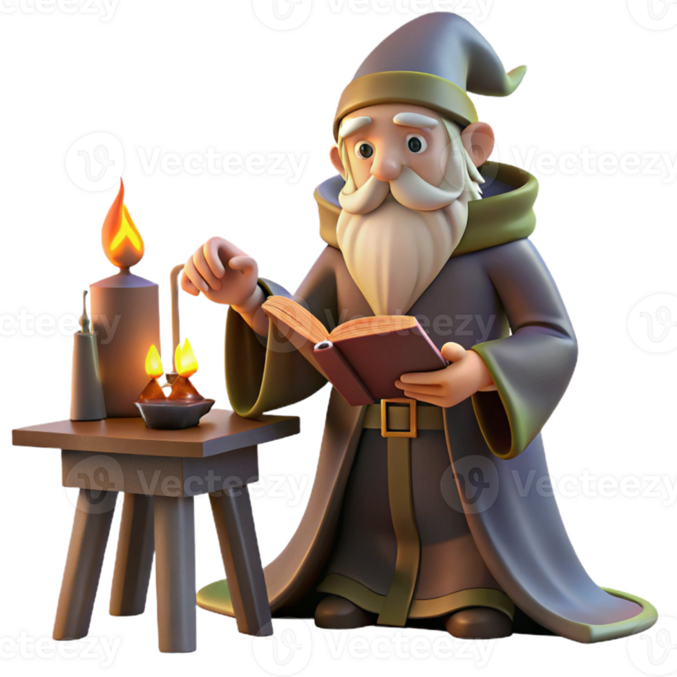 beautiful minimalist A wise old wizard casting a spell in his study, warm, firelight, Rembrandt style premium png