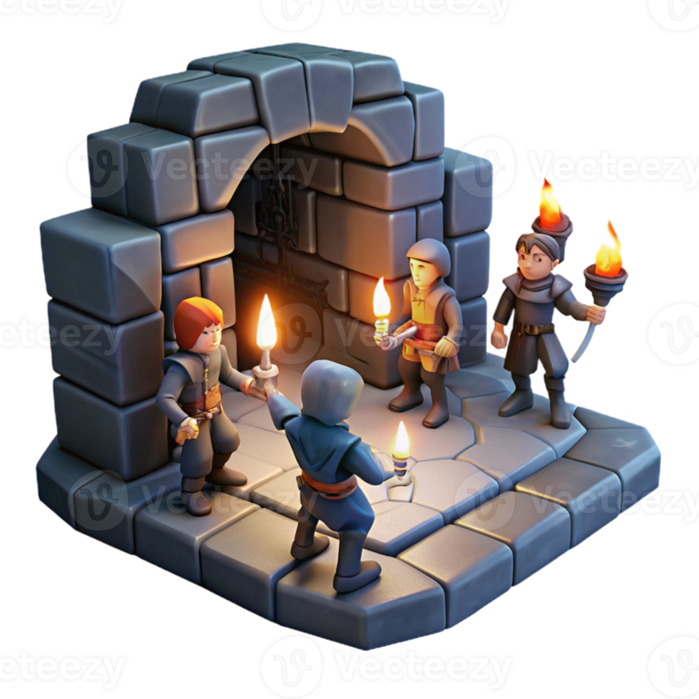 dramatic abstract A group of adventurers exploring a dark dungeon, torchlight illuminating the stone walls, gritty realism style authentic png