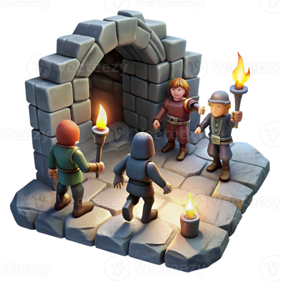 serene contemporary A group of adventurers exploring a dark dungeon, torchlight illuminating the stone walls, gritty realism style high quality png