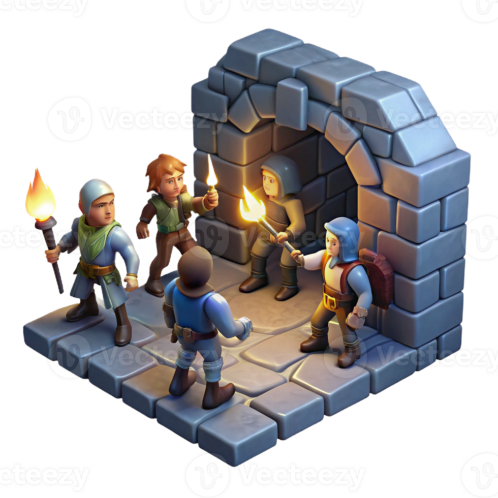 magnificent modern A group of adventurers exploring a dark dungeon, torchlight illuminating the stone walls, gritty realism style professional png