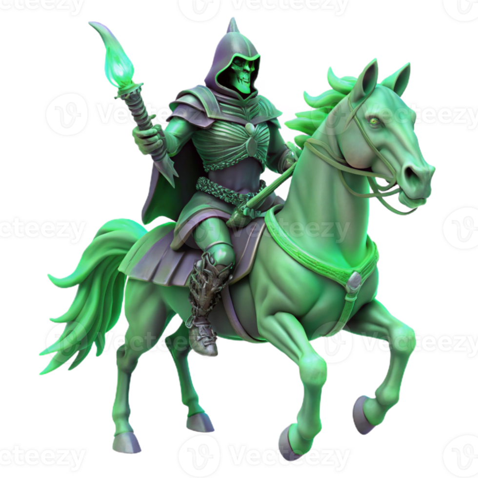 serene abstract A spectral knight riding a skeletal steed, eerie green glow, dark fantasy style exclusive png