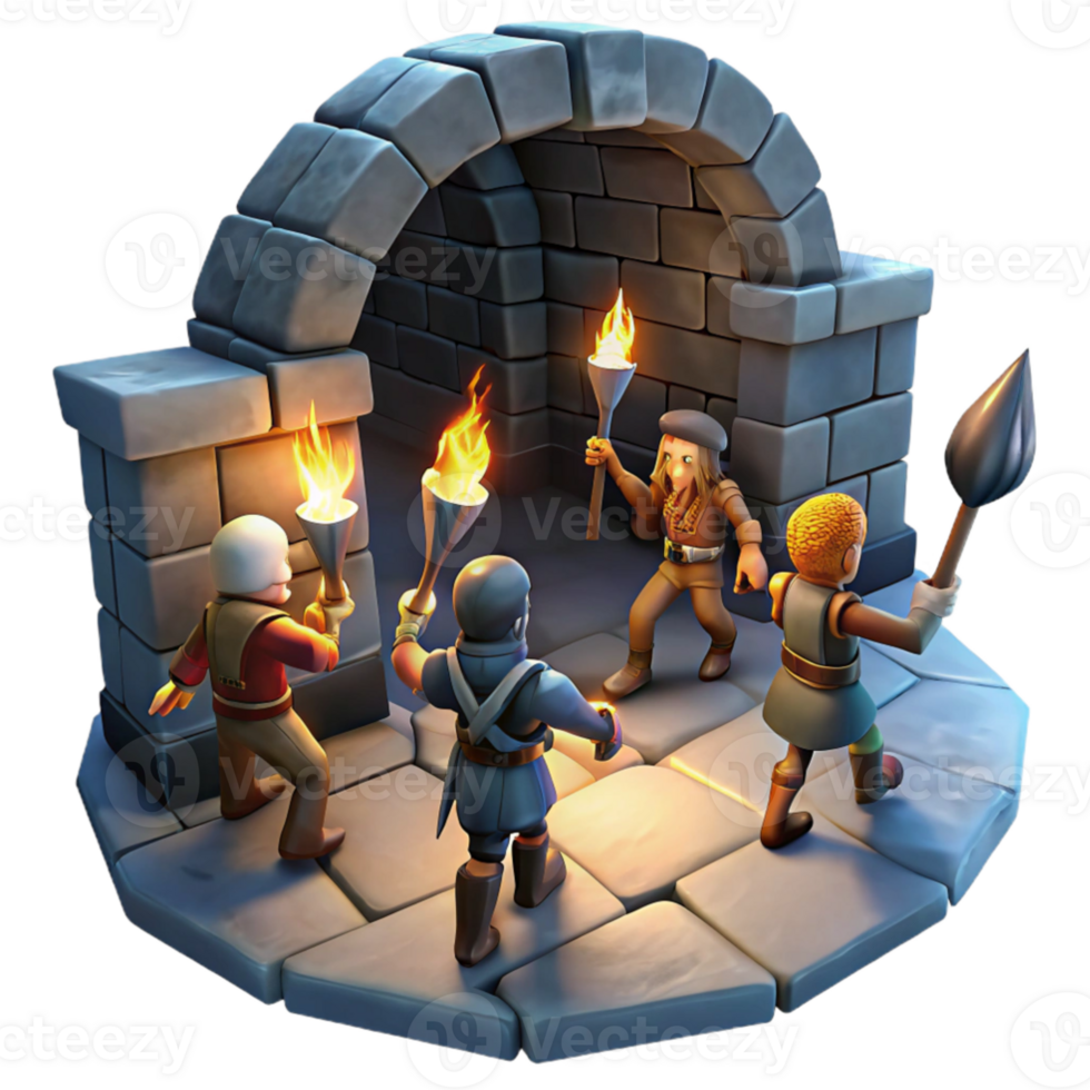 impressive vintage A group of adventurers exploring a dark dungeon, torchlight illuminating the stone walls, gritty realism style high resolution png
