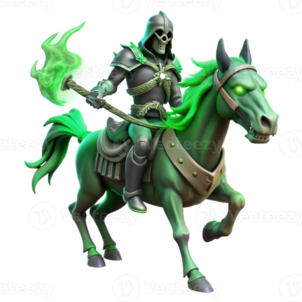 magnificent traditional A spectral knight riding a skeletal steed, eerie green glow, dark fantasy style high resolution png