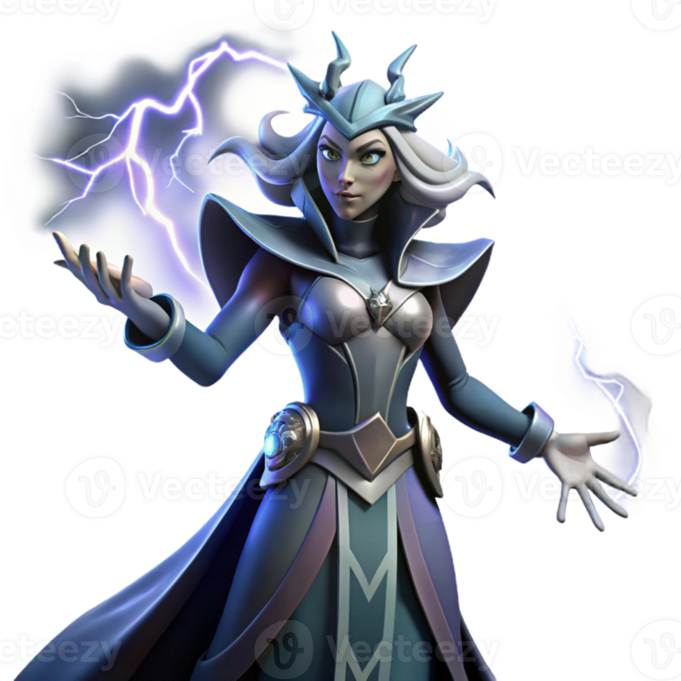 elegant minimalist A powerful sorceress summoning a storm, lightning illuminating her face, dramatic lighting, fantasy art style original png