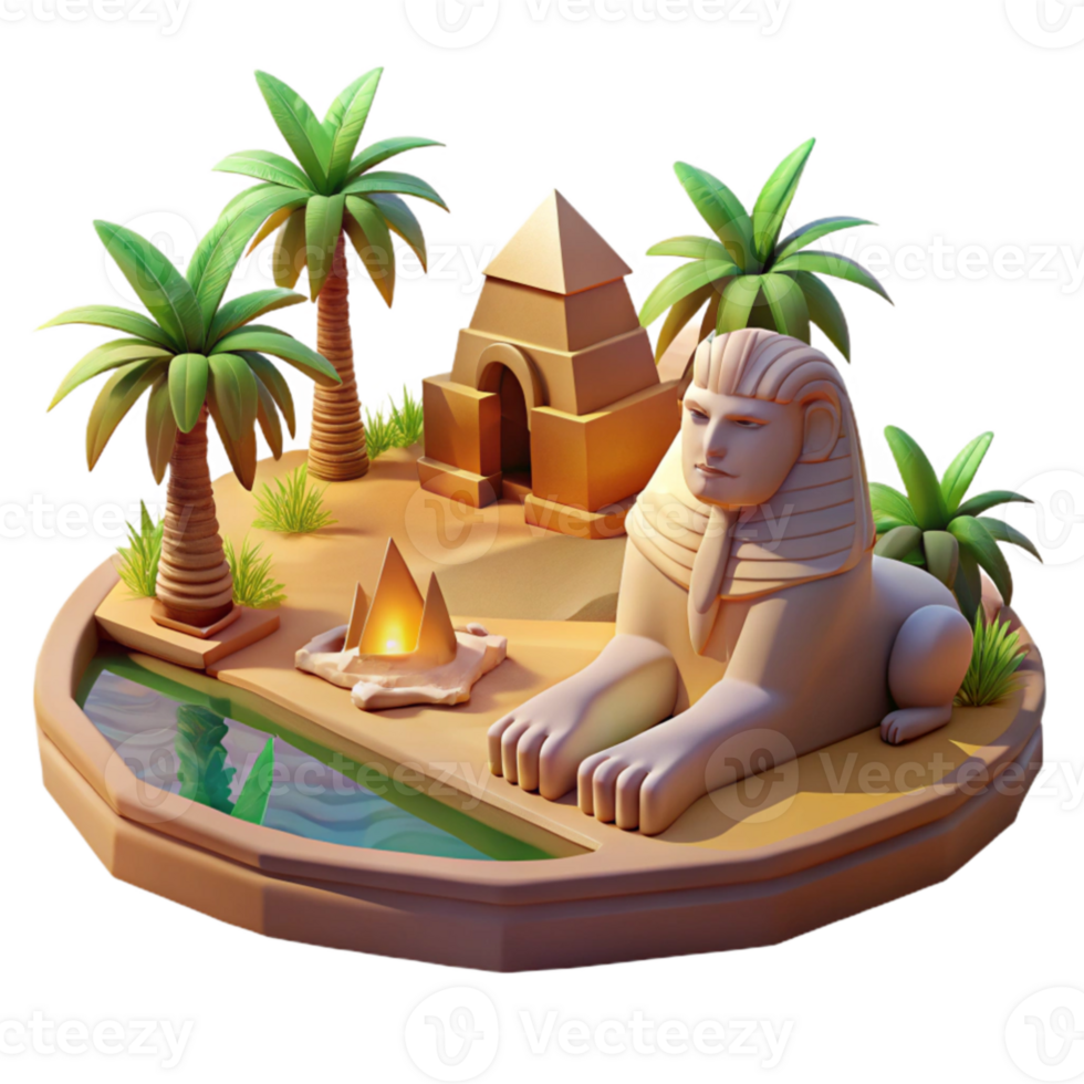extraordinary vintage A serene sphinx guarding a hidden oasis, warm desert lighting, ancient Egyptian style high quality png