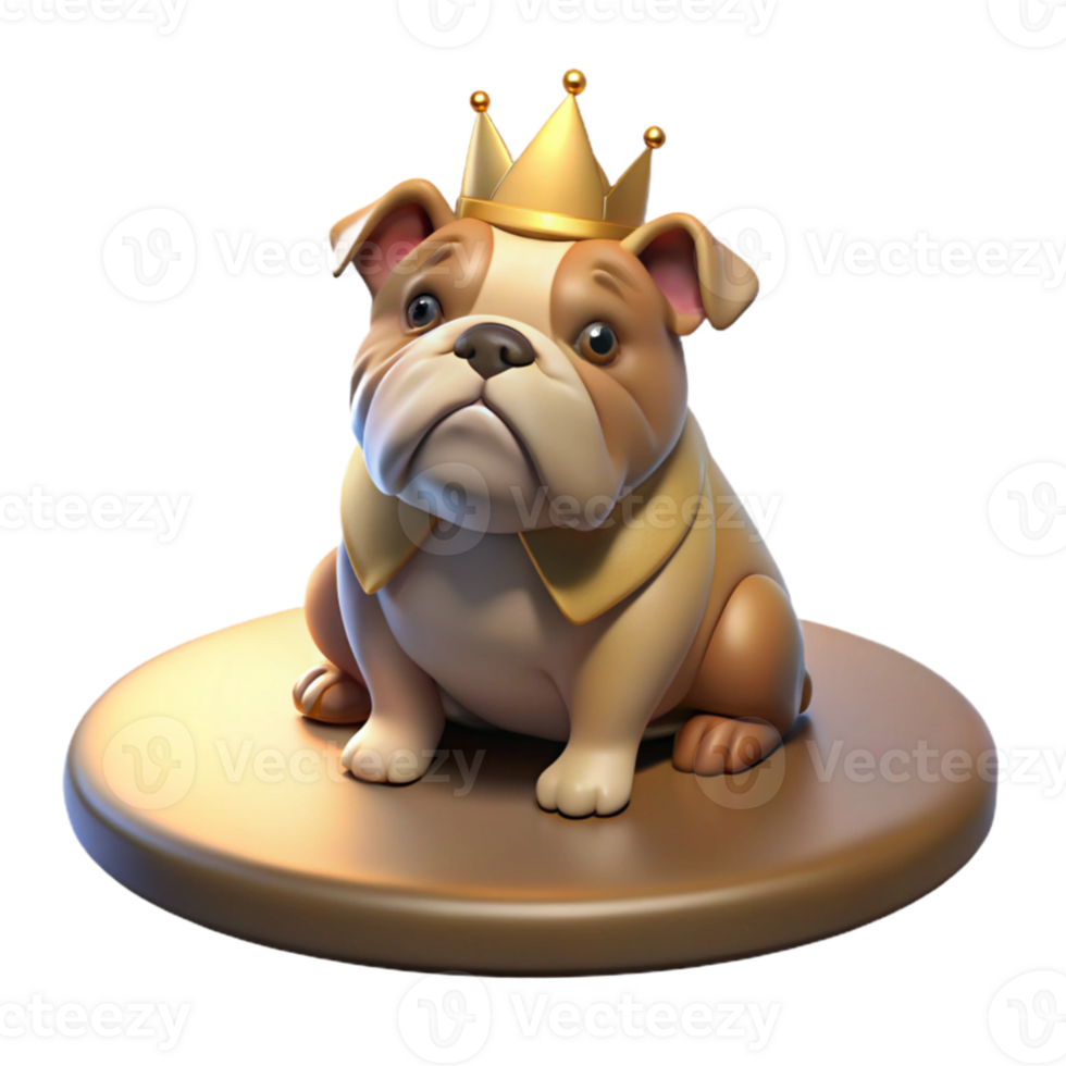 dramatic artistic A grumpy looking bulldog wearing a tiny crown, sitting on a velvet cushion, lit by a single spotlight from above, in a Renaissance painting style authentic png