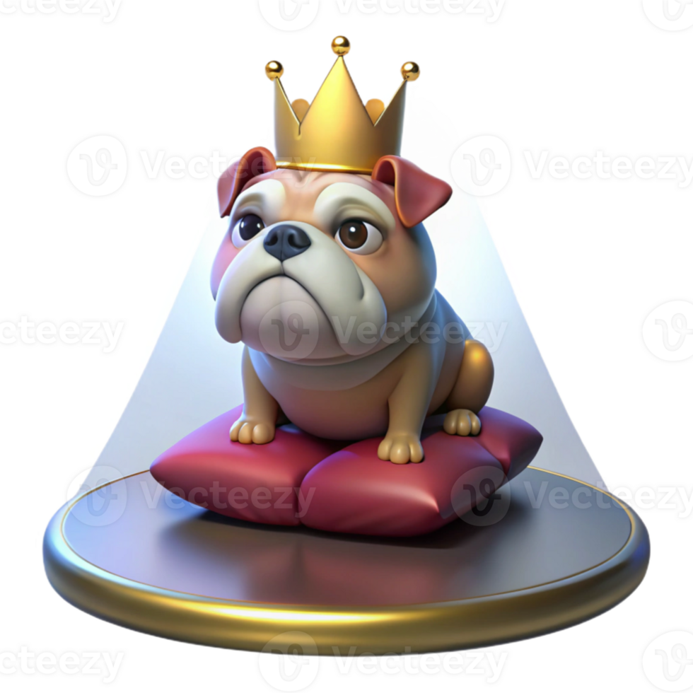 stunning vintage A grumpy looking bulldog wearing a tiny crown, sitting on a velvet cushion, lit by a single spotlight from above, in a Renaissance painting style authentic png