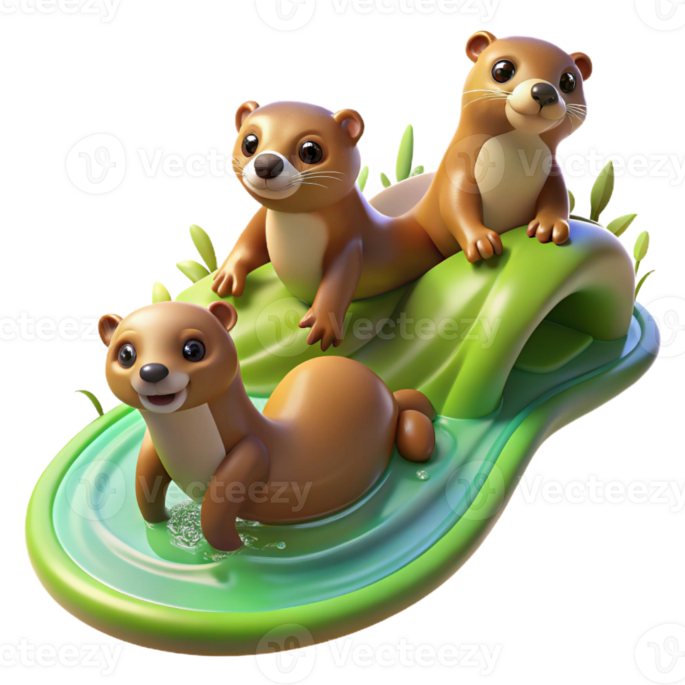 wonderful abstract A family of playful otters sliding down a mossy riverbank, bathed in the warm light of a setting sun, in a vibrant, impressionistic style high resolution png