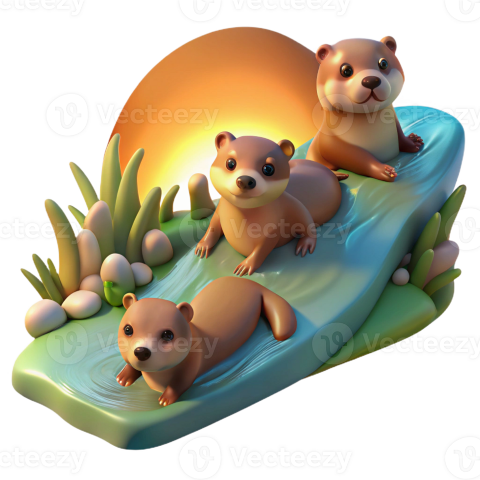 dramatic rustic A family of playful otters sliding down a mossy riverbank, bathed in the warm light of a setting sun, in a vibrant, impressionistic style professional png
