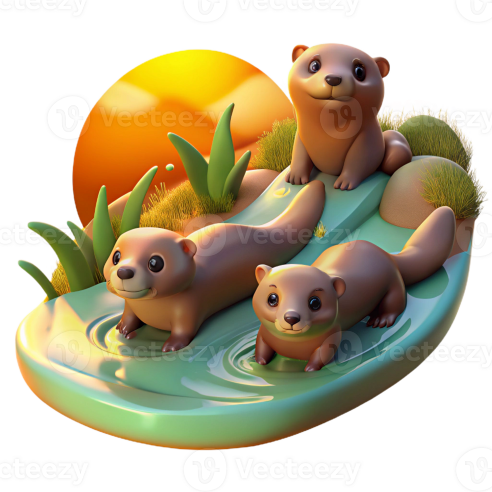 extraordinary rustic A family of playful otters sliding down a mossy riverbank, bathed in the warm light of a setting sun, in a vibrant, impressionistic style premium png