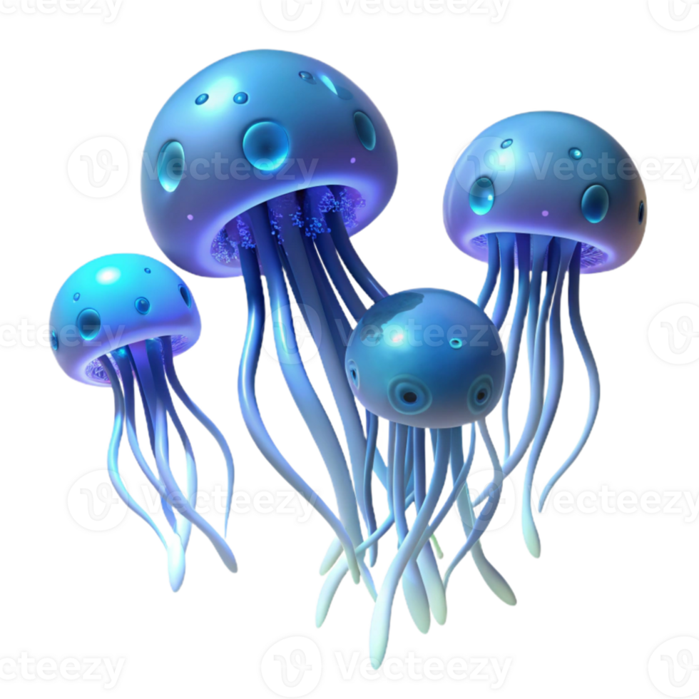 vibrant minimalist A school of bioluminescent jellyfish drifting through the deep ocean, illuminated by their own light, in a surreal, abstract style original png
