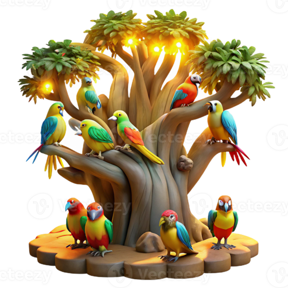 extraordinary artistic A flock of colourful macaws perched on a giant, ancient tree, illuminated by the golden light of dawn, in a vibrant, photorealistic style high resolution png