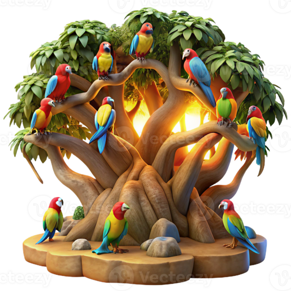 elegant abstract A flock of colourful macaws perched on a giant, ancient tree, illuminated by the golden light of dawn, in a vibrant, photorealistic style premium png