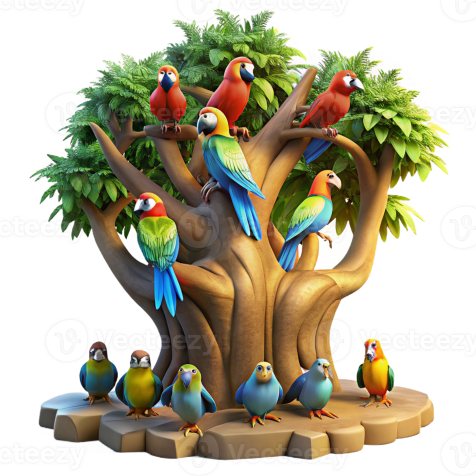 wonderful rustic A flock of colourful macaws perched on a giant, ancient tree, illuminated by the golden light of dawn, in a vibrant, photorealistic style 4K png