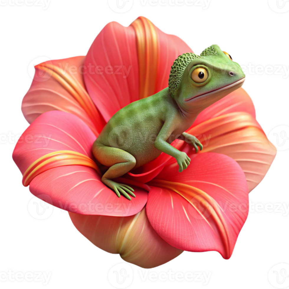 vibrant traditional A chameleon clinging to a brightly coloured hibiscus flower, its skin perfectly camouflaged, in a vibrant, macro photography style high resolution png