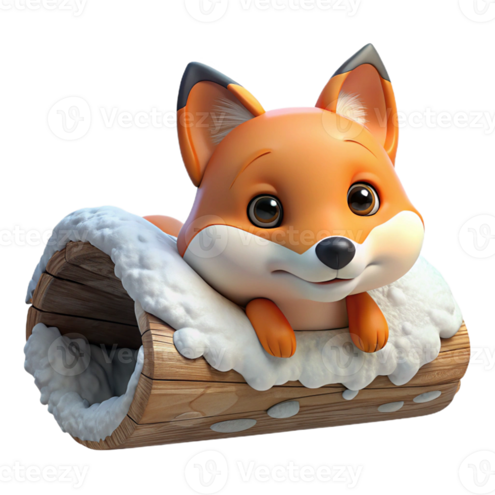 vibrant creative A curious fox peering out from behind a snow covered log, lit by the soft light of a winter morning, in a whimsical, storybook style authentic png