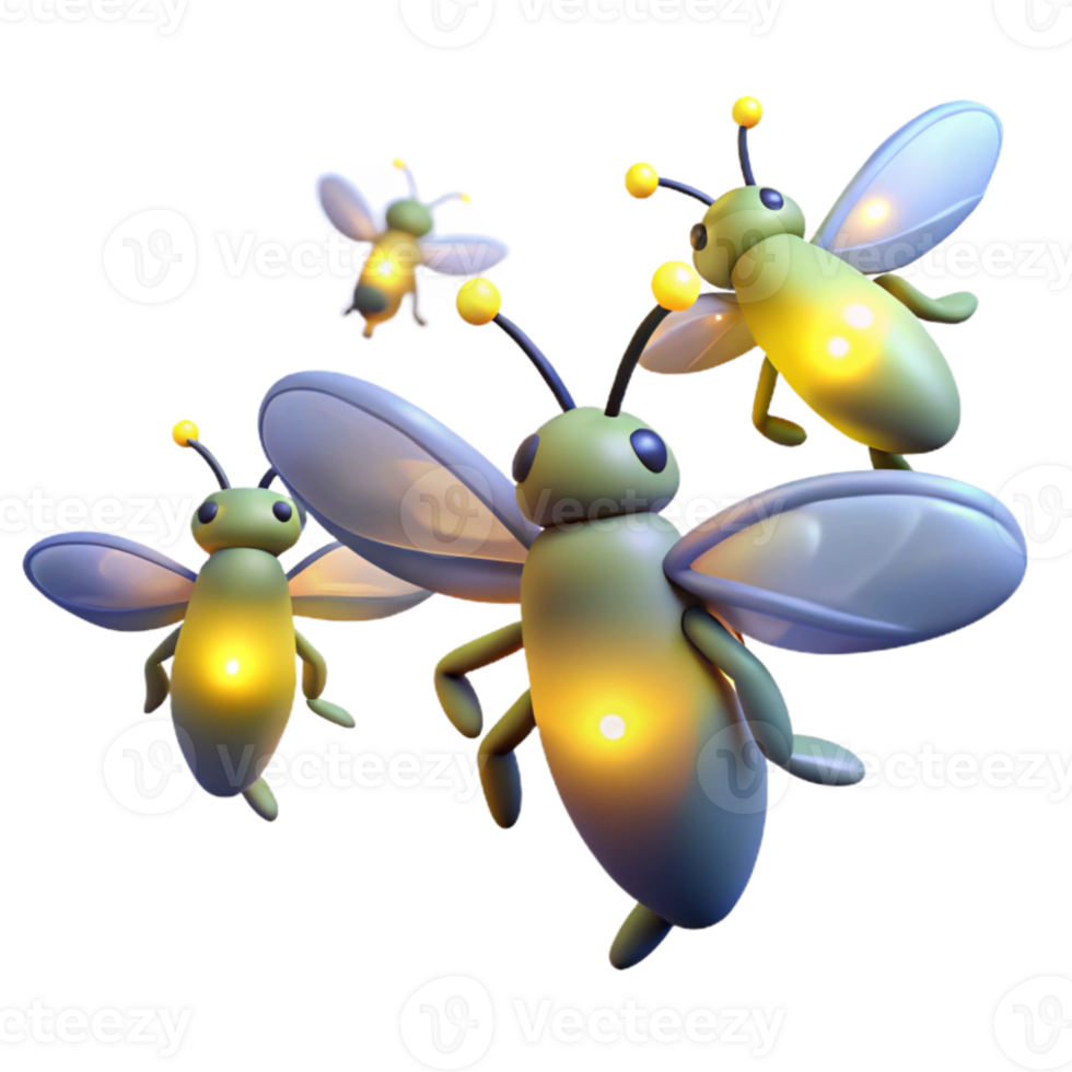 serene contemporary A group of fireflies dancing in a dark forest, their bioluminescence creating a magical atmosphere, in a dreamy, ethereal style high quality png