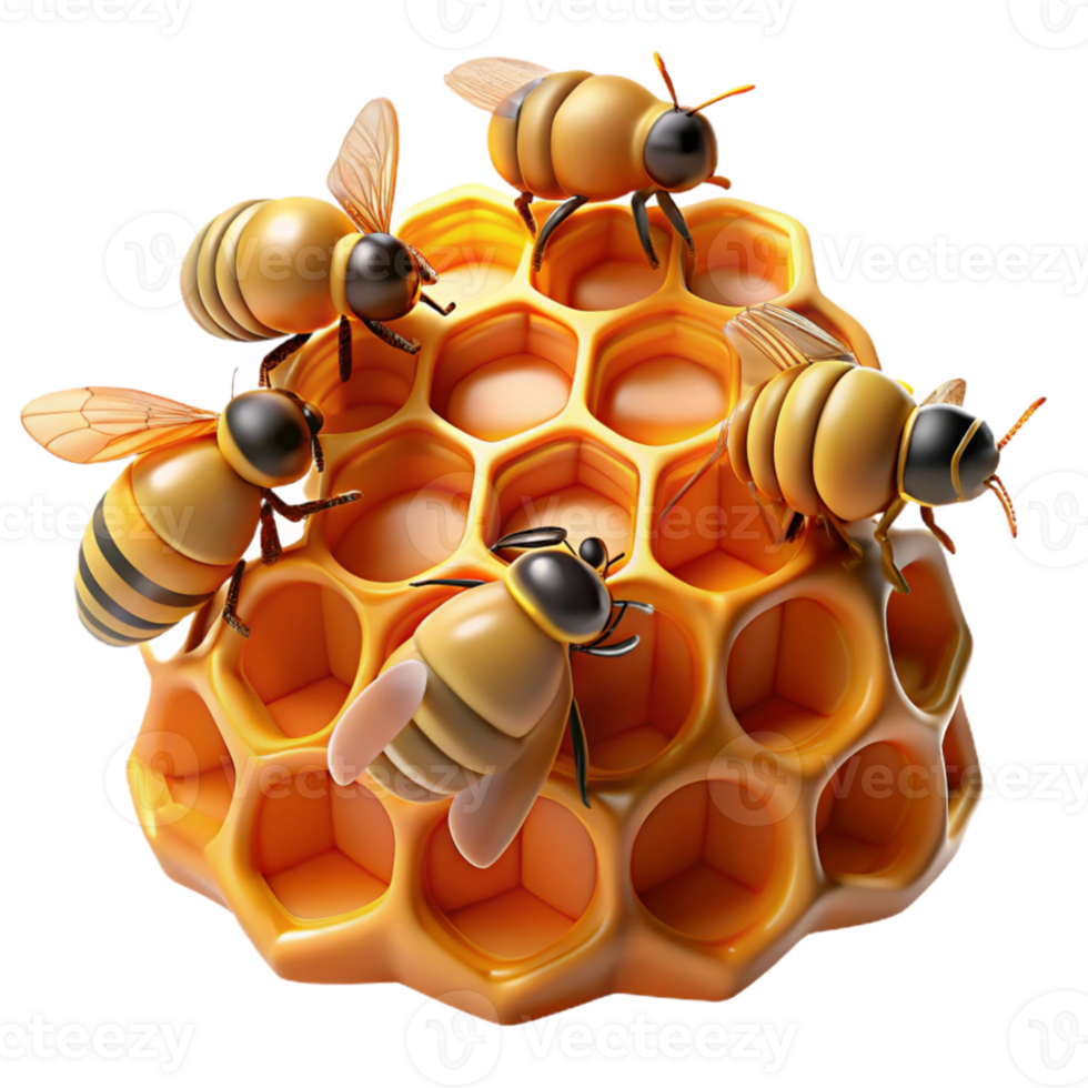 extraordinary contemporary A swarm of honeybees buzzing around a honeycomb, lit by a warm, golden light, in a detailed, macro photography style detailed png