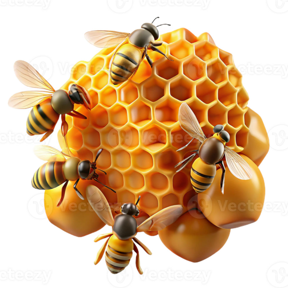 wonderful creative A swarm of honeybees buzzing around a honeycomb, lit by a warm, golden light, in a detailed, macro photography style high resolution png