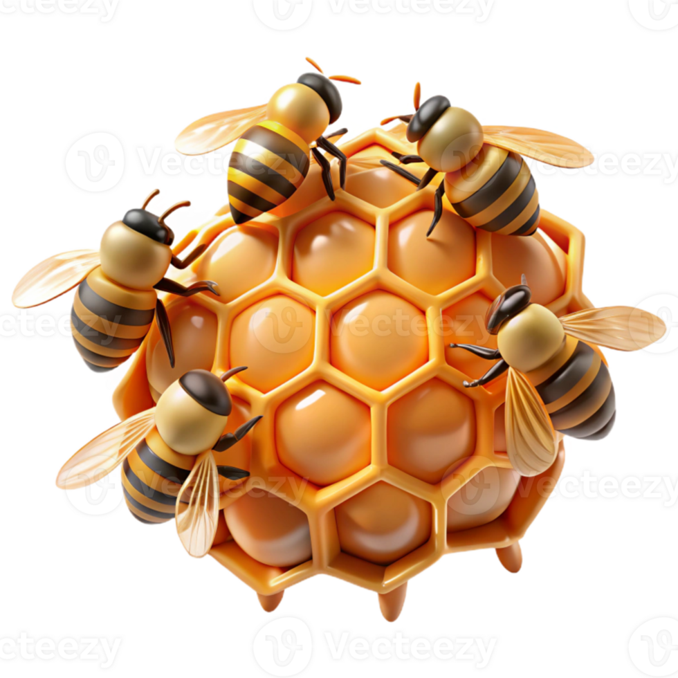 extraordinary creative A swarm of honeybees buzzing around a honeycomb, lit by a warm, golden light, in a detailed, macro photography style original png