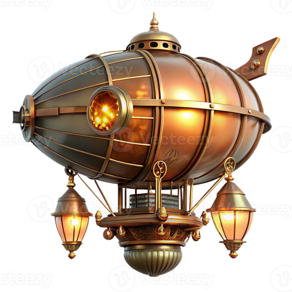 extraordinary traditional A majestic steampunk airship, brass and copper plating gleaming in the warm glow of gaslight lanterns, intricate clockwork gears exposed, floating above a bustling city,... png