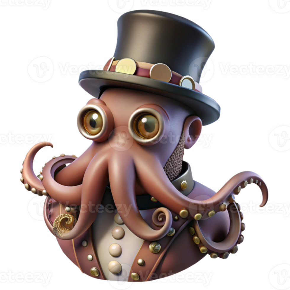 impressive rustic A portrait of a steampunk octopus, wearing a monocle and top hat, tentacles adorned with intricate gears and pipes, dramatic chiaroscuro lighting, digital painting authentic png