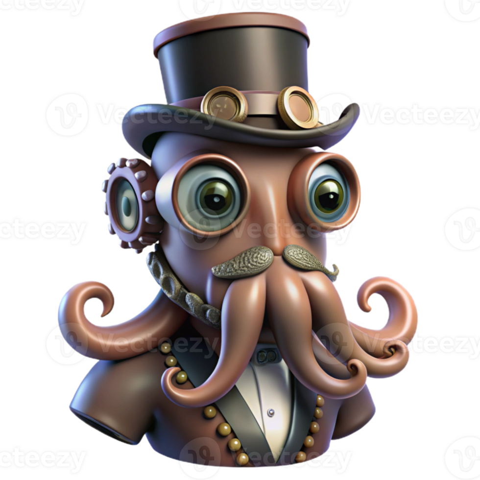 wonderful creative A portrait of a steampunk octopus, wearing a monocle and top hat, tentacles adorned with intricate gears and pipes, dramatic chiaroscuro lighting, digital painting genuine png