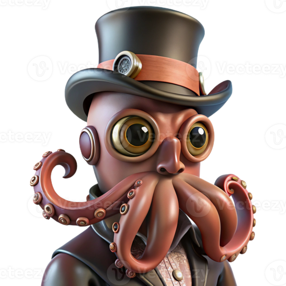 stunning contemporary A portrait of a steampunk octopus, wearing a monocle and top hat, tentacles adorned with intricate gears and pipes, dramatic chiaroscuro lighting, digital painting high... png