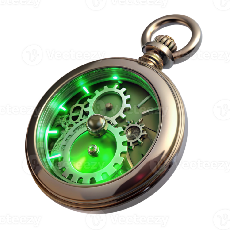 beautiful vintage A close up of a steampunk pocket watch, intricate gears and springs visible through a crystal casing, glowing with an ethereal green light, hyperrealistic style high resolution png