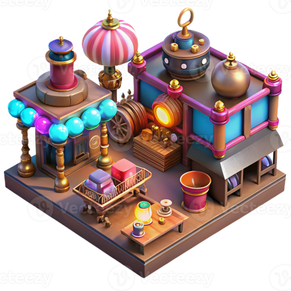 beautiful abstract A bustling steampunk marketplace, filled with vendors selling bizarre gadgets and contraptions, illuminated by colorful neon signs and gas lamps, isometric view, vibrant colors... png