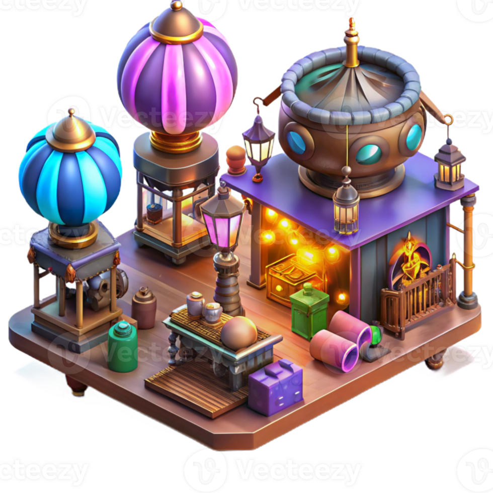 extraordinary creative A bustling steampunk marketplace, filled with vendors selling bizarre gadgets and contraptions, illuminated by colorful neon signs and gas lamps, isometric view, vibrant... png