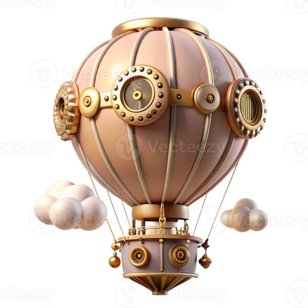 elegant traditional A steampunk hot air balloon, adorned with intricate clockwork mechanisms and brass embellishments, floating against a twilight sky, soft pastel colors, dreamlike atmosphere genuine png