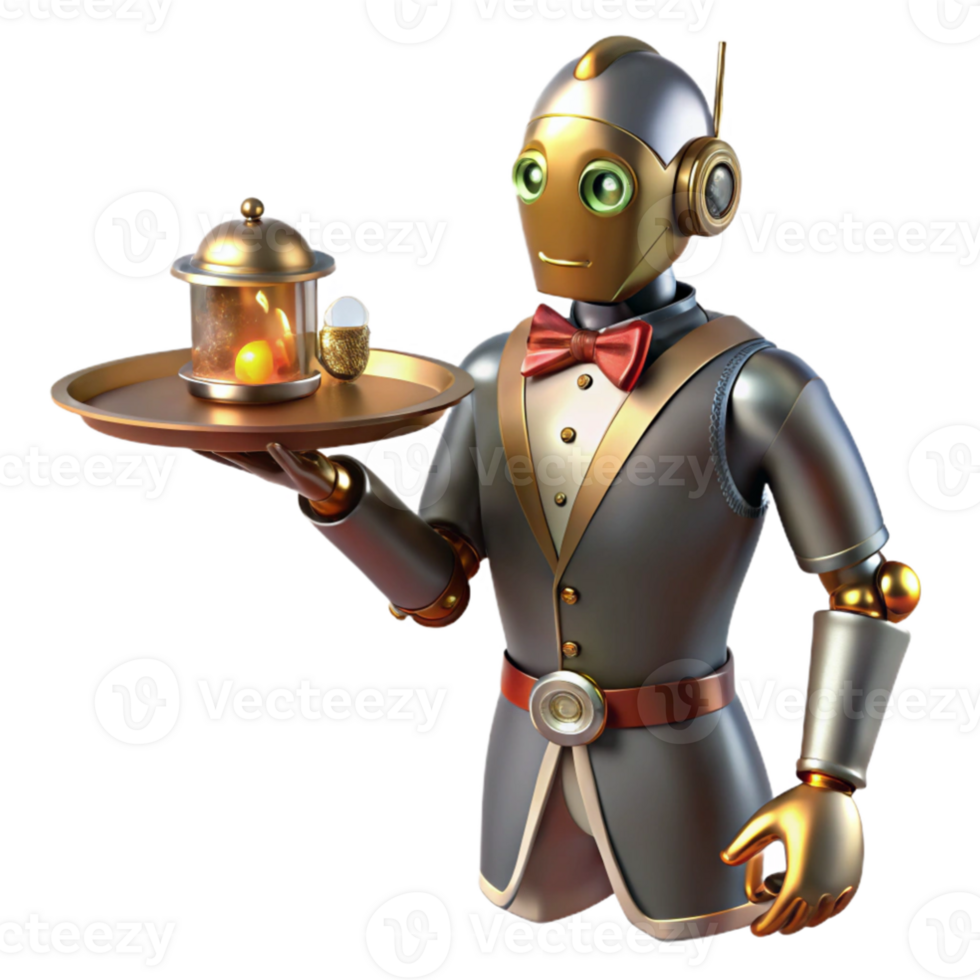elegant creative A steampunk robot butler, serving tea from a silver tray, polished brass and copper body, intricate clockwork gears visible, warm, inviting lighting premium png