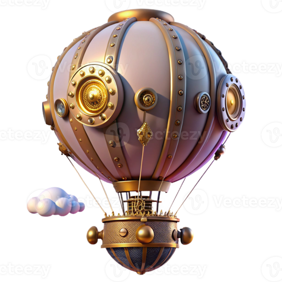 impressive modern A steampunk hot air balloon, adorned with intricate clockwork mechanisms and brass embellishments, floating against a twilight sky, soft pastel colors, dreamlike atmosphere exclusive png