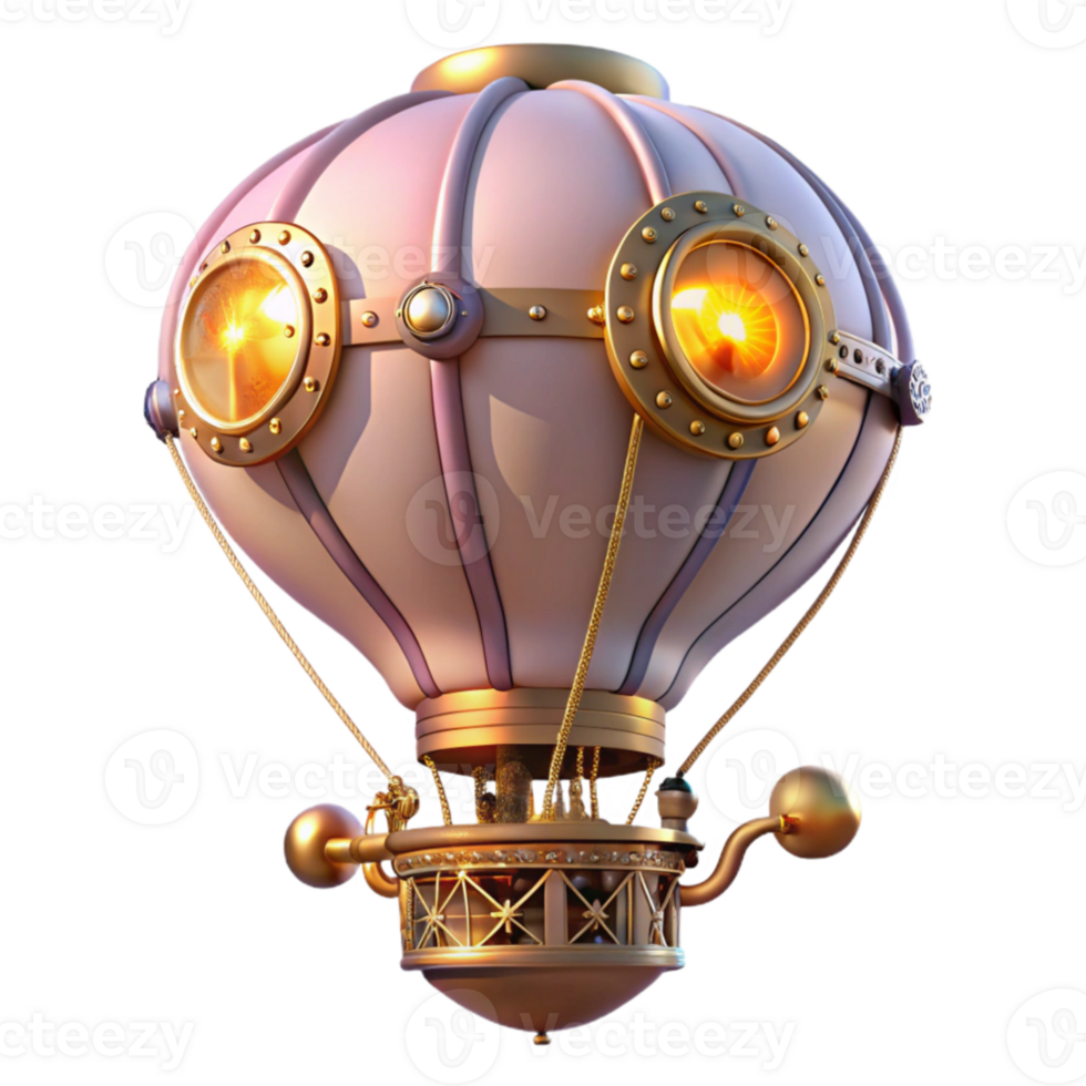 extraordinary classic A steampunk hot air balloon, adorned with intricate clockwork mechanisms and brass embellishments, floating against a twilight sky, soft pastel colors, dreamlike atmosphere... png