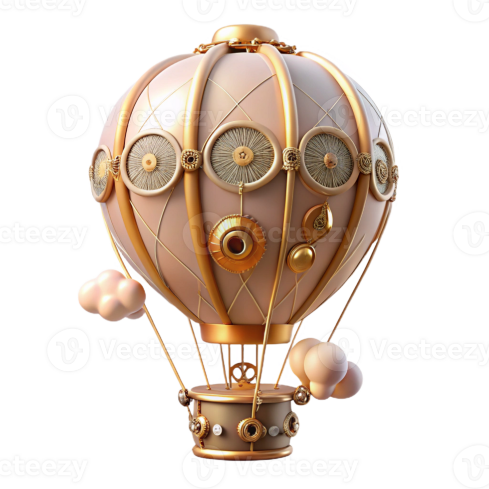 magnificent artistic A steampunk hot air balloon, adorned with intricate clockwork mechanisms and brass embellishments, floating against a twilight sky, soft pastel colors, dreamlike atmosphere... png