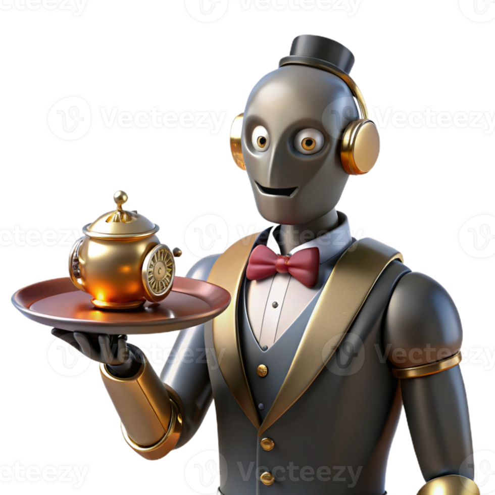beautiful creative A steampunk robot butler, serving tea from a silver tray, polished brass and copper body, intricate clockwork gears visible, warm, inviting lighting high resolution png