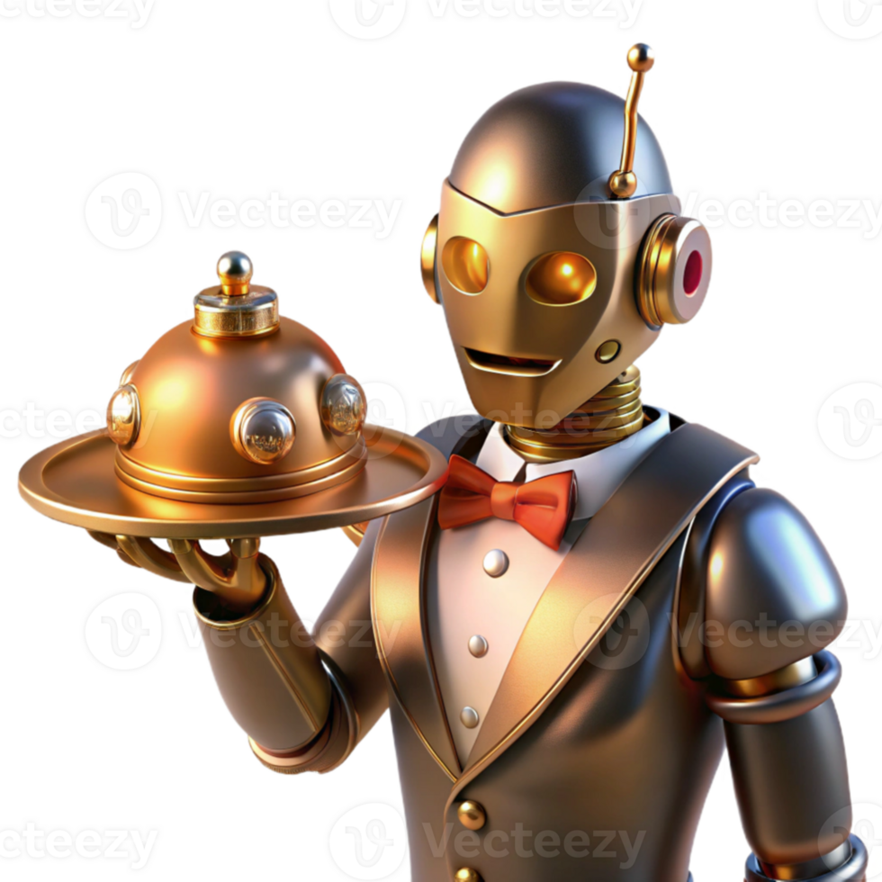 beautiful creative A steampunk robot butler, serving tea from a silver tray, polished brass and copper body, intricate clockwork gears visible, warm, inviting lighting exclusive png